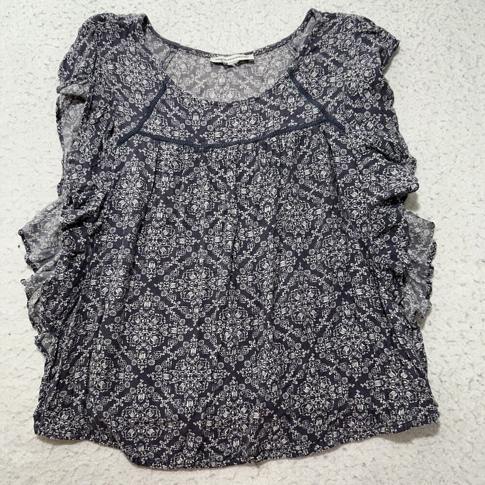 American Eagle Outfitters Women’s Small Blue + White Floral Ruffle Blouse Top